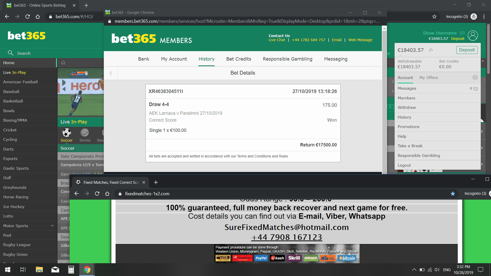 proof from bet365 correct score win