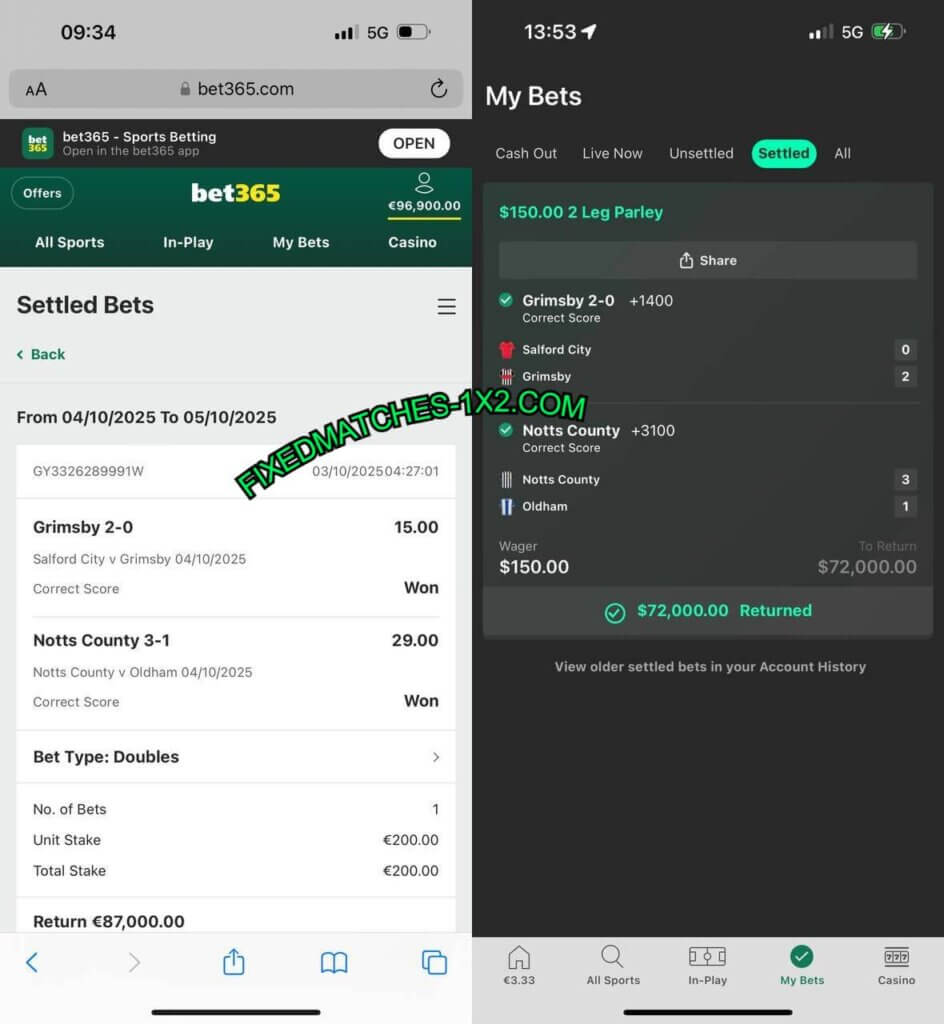 BET365 CORRECT FIXED MATCHES TIPS