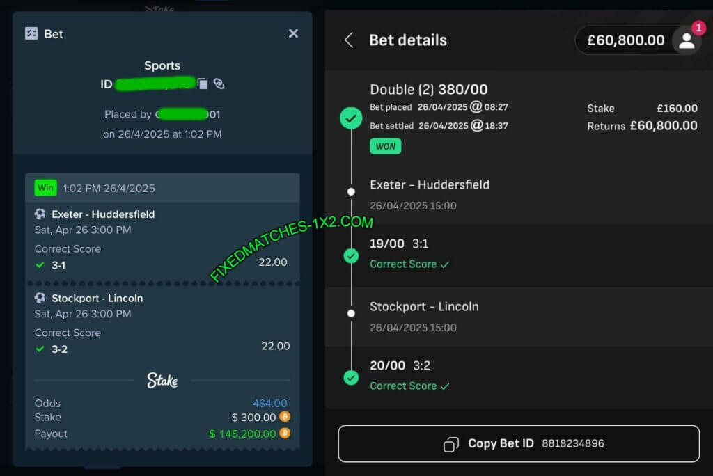 STAKE CORRECT SCORE FIXED MATCH TIPS